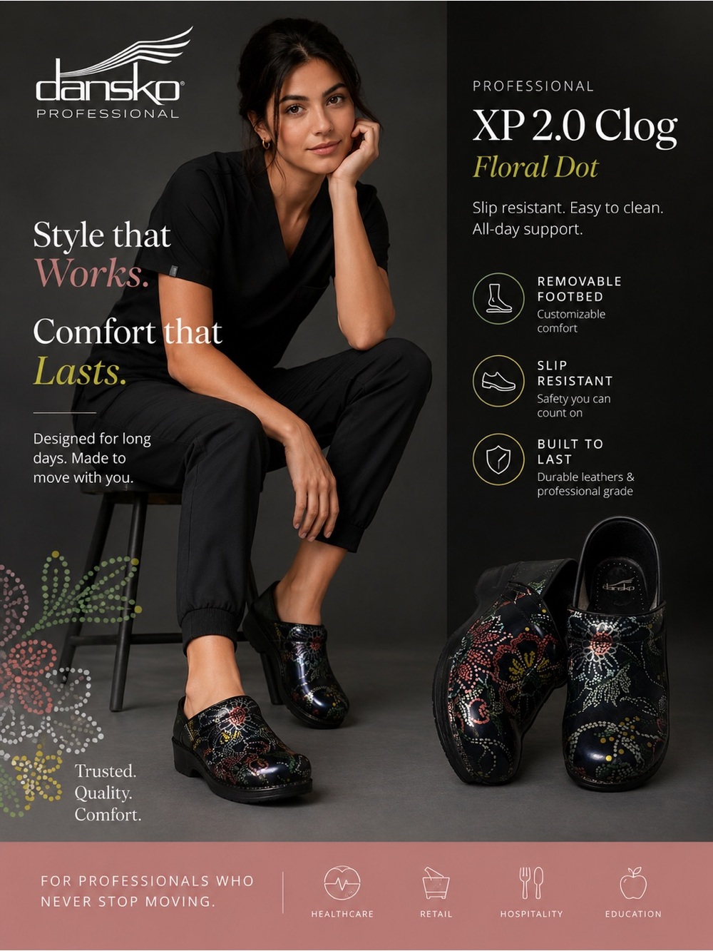 Dansko XP 2.0 Clog Floral Dot in Black size 10